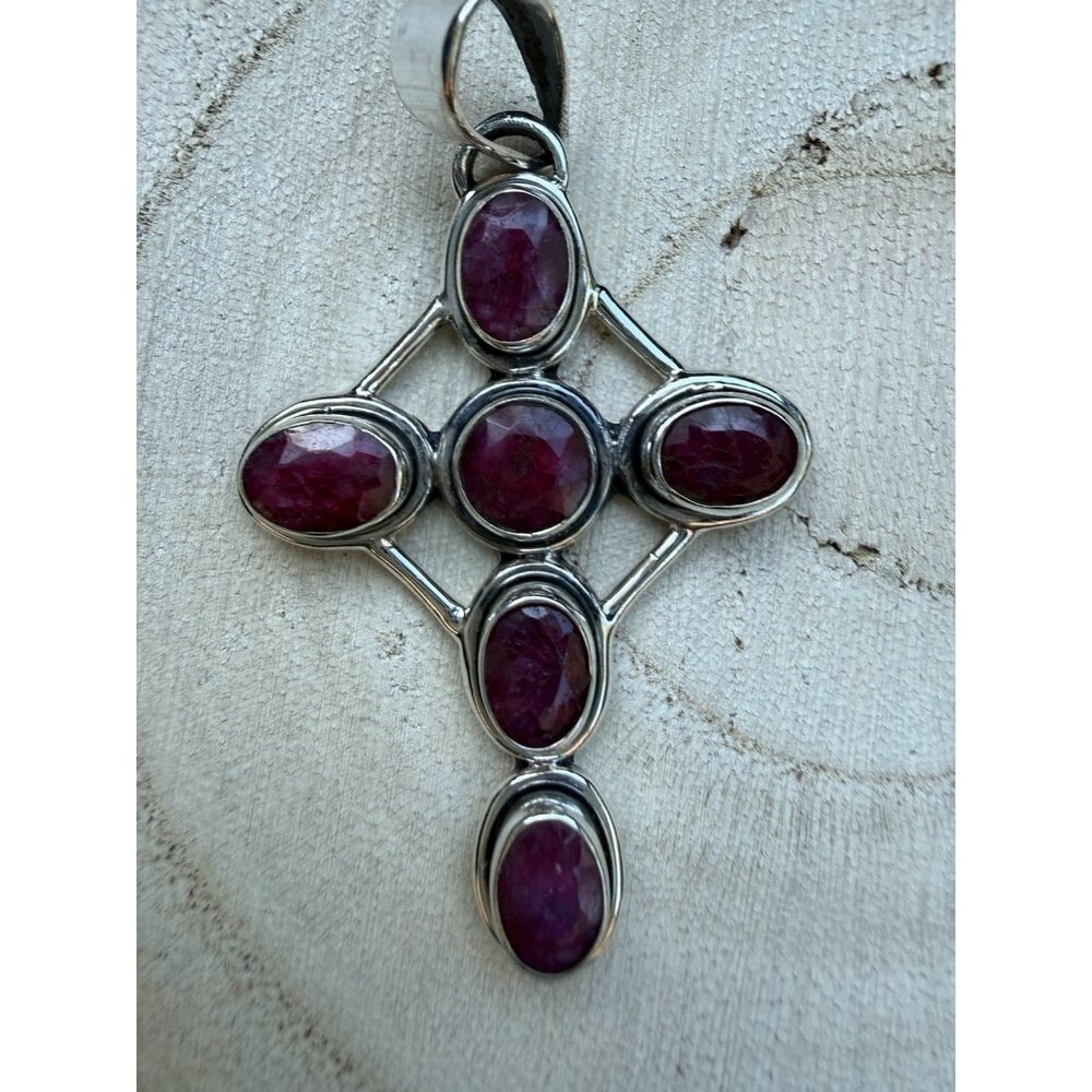 Lg Artisan Ruby Gemstone Cross Statement Pendant … - image 1